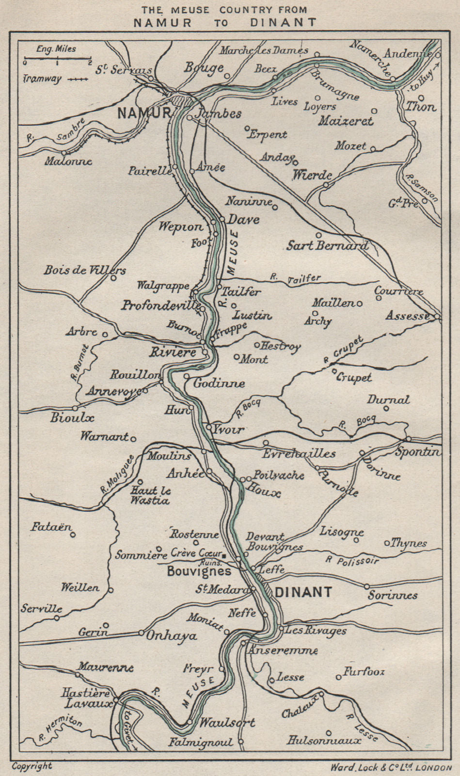 MEUSE River valley from NAMUR to DINANT. Belgium. WARD LOCK 1926 old map